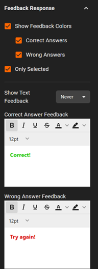 Feedback response options panel with available settings